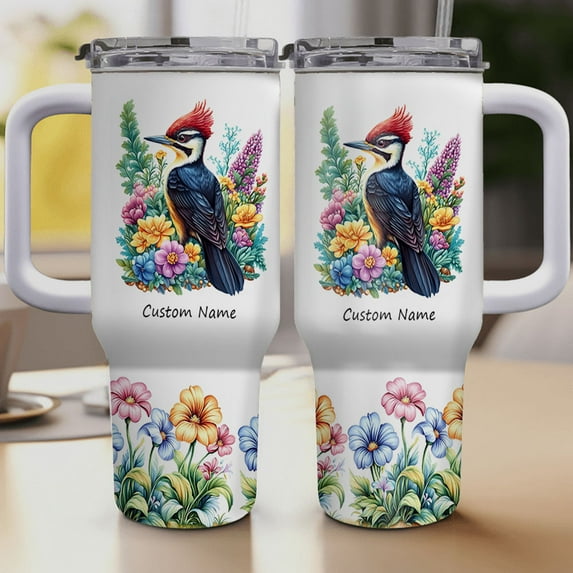 Personalized Pileated Woodpecker Tumbler 40oz – Custom Name Travel Coffee Cup with Lid and Straw – Cute Animal Lover Gift for Women Girls Birdwatcher Birthday Christmas