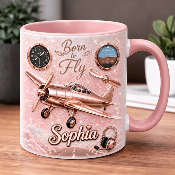 Personalized Pilot Ceramic Coffee Mug, Airplane Flight Instruments Pink Gift Cup