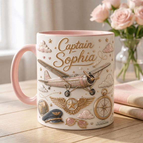 Personalized Pilot Mug with 3D Effect Airplane, Clouds, Wings Badge & Compass Gift