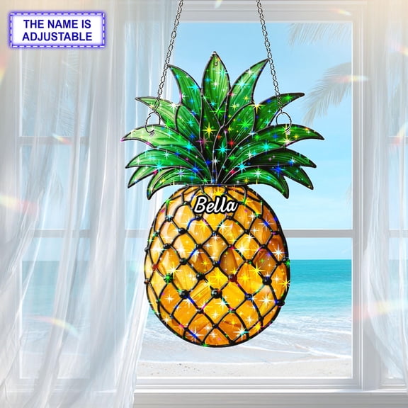 Personalized Pineapple Acrylic Suncatcher, Custom Name Holographic Window Hanging Decor, Home Decor Gift