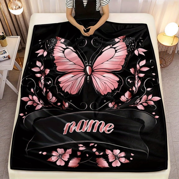 Personalized Pink Butterfly Flannel Blanket – Soft Lightweight Throw with Name – Cozy for Sofa, Bed, Camping, Office – Digital Print, Tear-Resistant, All-Season Use