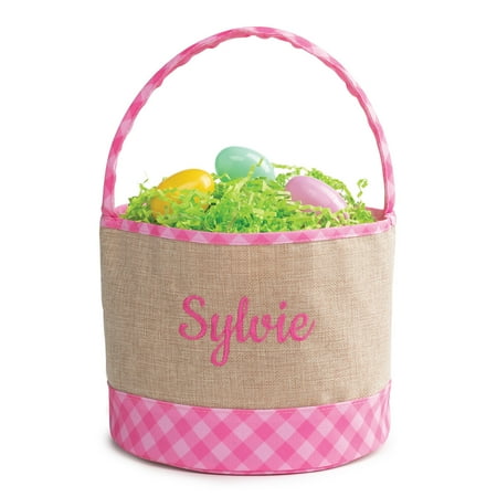 Personalized Pink Checkered Burlap Easter Bucket Bag with Custom Name Embroidery, Pink Letters
