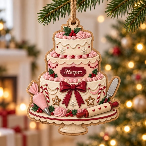 Personalized Pink Christmas Cake Wooden Ornament for Bakers