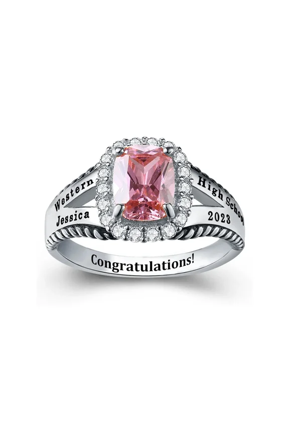 Personalized Pink Cushion Cut Sparkling Halo Setting Accents With Customized High School Class Name, Engraved Ring For Women 925 Sterling Silver