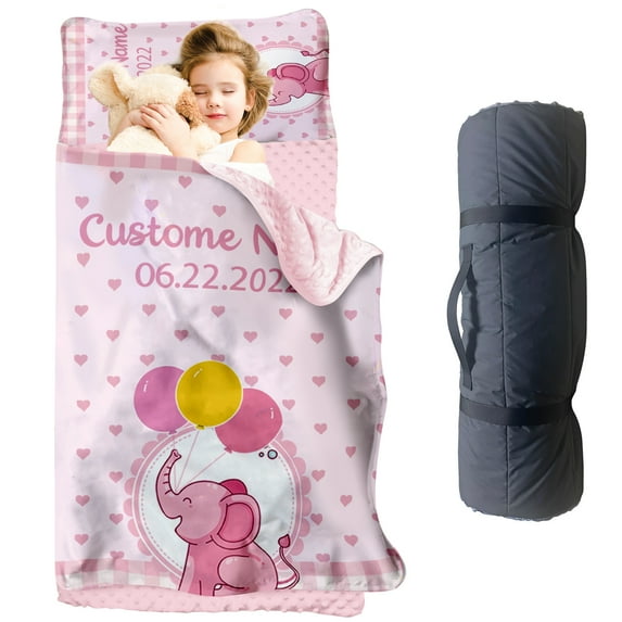 Personalized Pink Elephant Toddler Girls Nap Mats for Daycare - Soft & Comfortable Sleeping Mat with Pillow and Blanket , Custom Name Kids Sleeping Bag for Preschool Kindergarten, Easy Carry Napsack