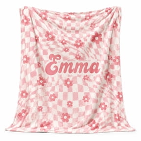 Personalized Pink Floral Checkerboard Fleece Throw Blanket, Custom Name, Soft 280 GSM Polyester, Modern Decor
