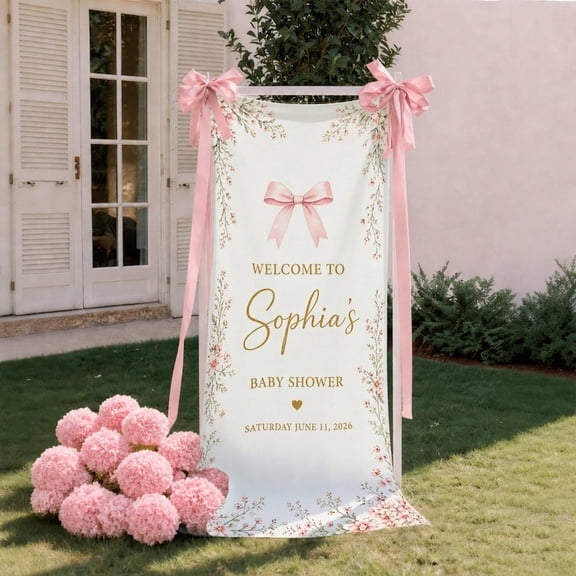 Personalized Pink Floral Satin Fabric Welcome Banner, Custom Bow Theme Party Sign for Family Celebration and Special Occasion Decor