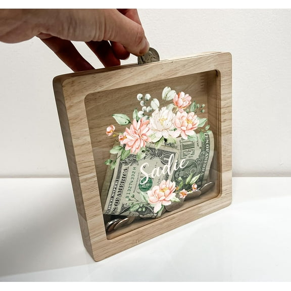 Personalized Pink Flowers Frame Stand Shadow Box Travel Home Life Adventures Memory Box Gift Wooden Keepsake Savings Bank, Custom Text Flower Jar Gift Girls Room Decor, Made in America!