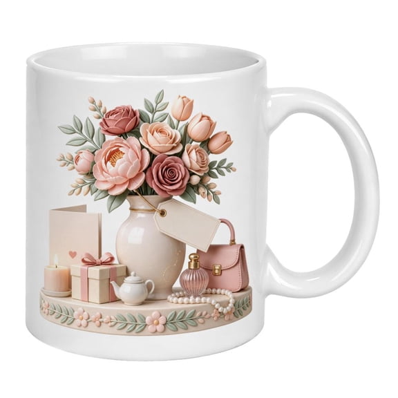 Personalized Pink Flowers Mom Mug with Name, Faux 3D Flower Cup, Happy Mothers Day Coffee Mug, Pink Roses Cups for Women, Vintage Flower Vase Mugs, Aesthetic Mommy Cup, Gift for Mom Women