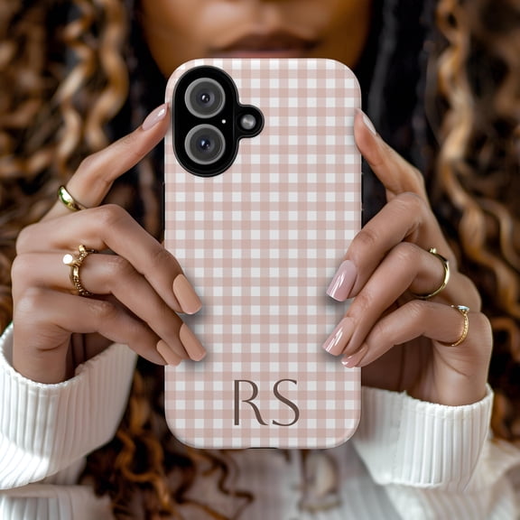 Tough 2 Layer Shockproof Protective Case Compatible with iPhone 17, Personalized Pink Gingham Custom Initial Design