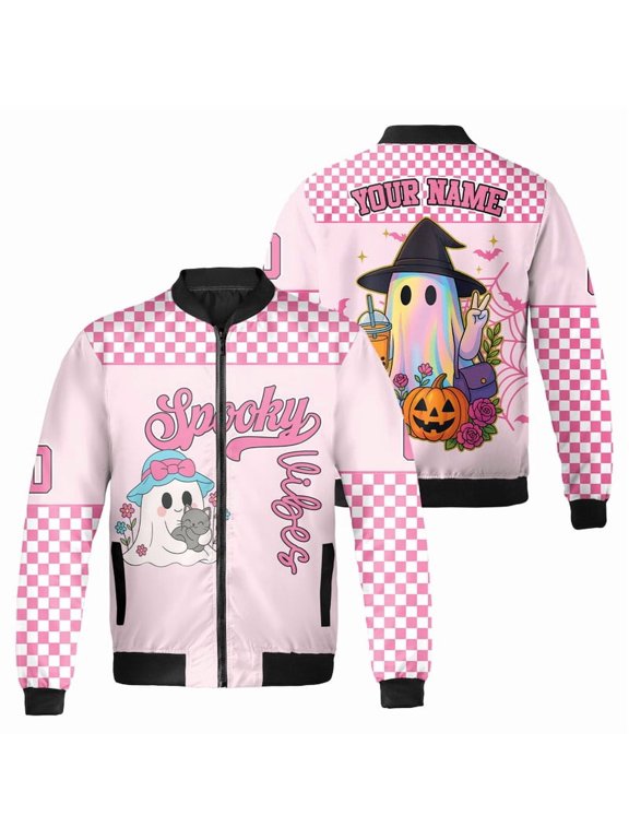 Personalized Pink Halloween Bomber Jacket – Spooky Vibes Ghost Design – Custom Name Kawaii Fall Outerwear Jacket