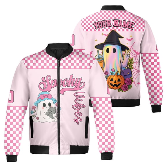 Personalized Pink Halloween Bomber Jacket – Spooky Vibes Ghost Design – Custom Name Kawaii Fall Outerwear Jacket