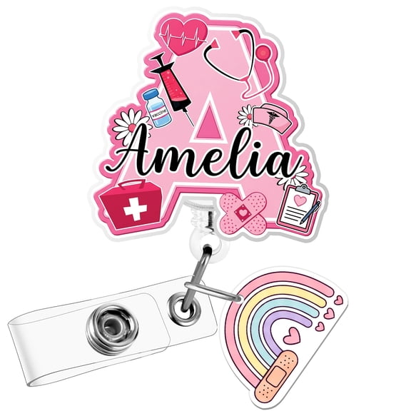 Personalized Pink Initial Nurse Badge Reel, Custom Name & Image ID Holder with Optional Charm