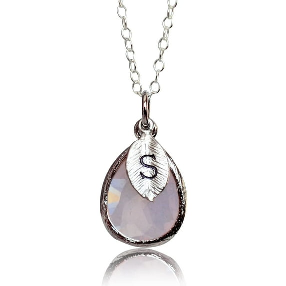 Personalized Pink Opal Necklace, October Birthstone Necklace Teardrop, Bridesmaid Necklace, Custom Initial Necklace, Birthday Gift for Her - 18" Silver Plated
