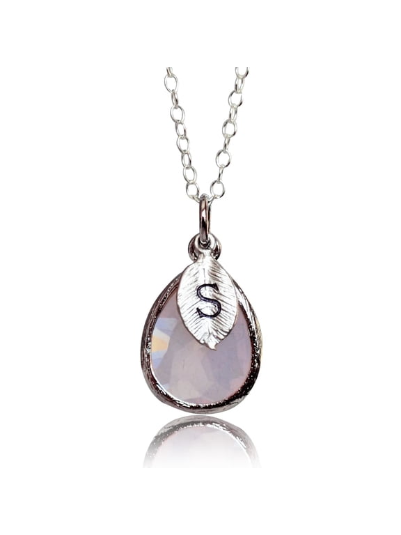 Personalized Pink Opal Necklace, October Birthstone Necklace Teardrop, Bridesmaid Necklace, Custom Initial Necklace, Birthday Gift for Her - 18" Silver Plated