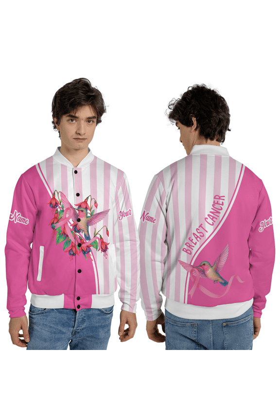 Personalized Pink Ribbon Awareness Jacket, Custom Name Breast Cancer Support Coat, Floral Cancer Survivor Baseball Jacket