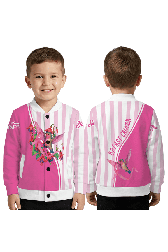 Personalized Pink Ribbon Awareness Jacket, Custom Name Breast Cancer Support Coat, Floral Cancer Survivor Baseball Jacket