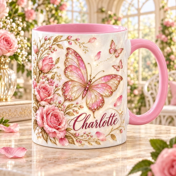 Personalized Pink Rose Butterfly Mug, Romantic Botanical Art - Walmart.com