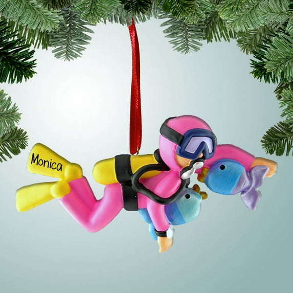 Personalized Pink SCUBA Diver with Fish Christmas Ornament - Snorkeling - Great Barrier Reef - Tropical - Caribbean - Great Gift Ideas