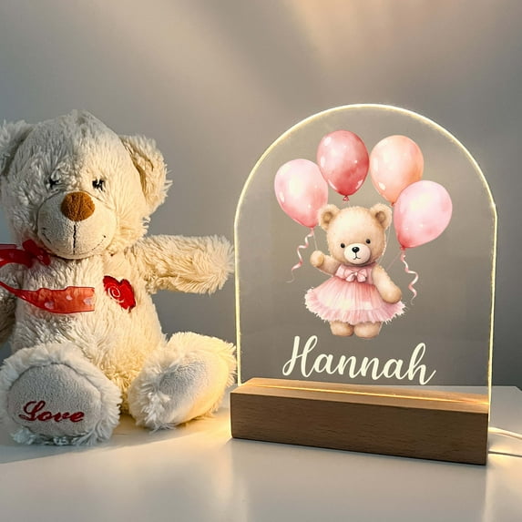 Personalized Pink Teddy Bear Night Lamp For Kids, Cute Baby Gift, Custom Baby Girls Night Light, Nursery Decor, Baby Bear Night Light Gift