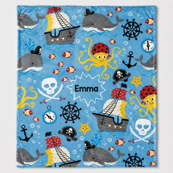 Personalized Pirate Fleece Blanket, Custom Name Ocean Family Throw, 280gsm Polyester Fleece, 30x40 to 60x80 In