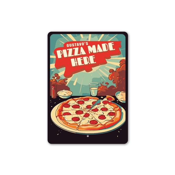 Personalized Pizza Made Here Aluminum Metal Decor Sign - 10x14 inches