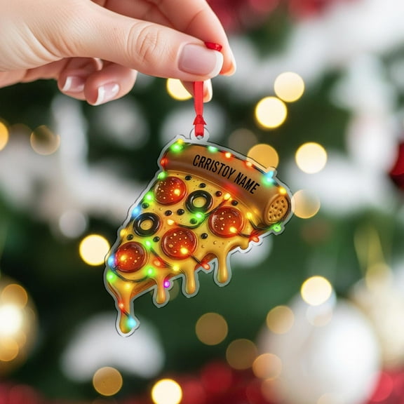 Personalized Pizza Slice Acrylic Christmas Ornament, Custom Name Funny Food Holiday Keepsake