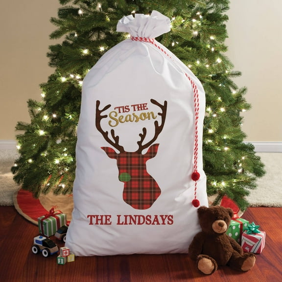 Personalized Plaid Deer Santa Sack, 2 Sizes To Choose From