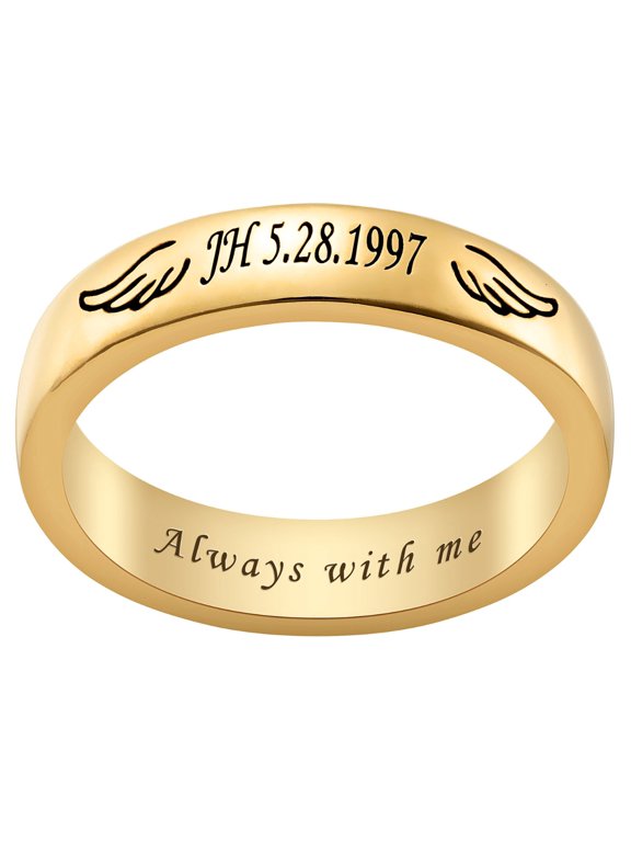 14K Gold Plated Engraved Angel Wing Memorial Ring ,Women's