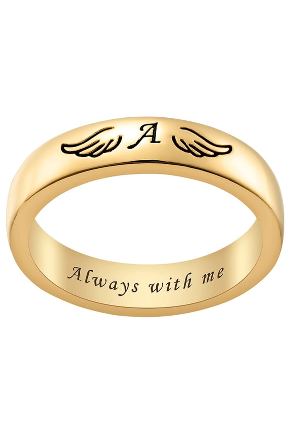 14K Gold Plated Initial and Angel Wing Memorial Ring ,Women's