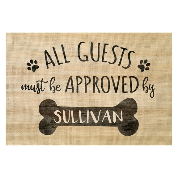 Personalized Planet 27x18 All Guests Must Be Approved By The Dog Doormat with Custom Name Printed on Tan Rectangular 1/8” Thick Non Slip Mat for Kitchen Hallway Deck or Porch