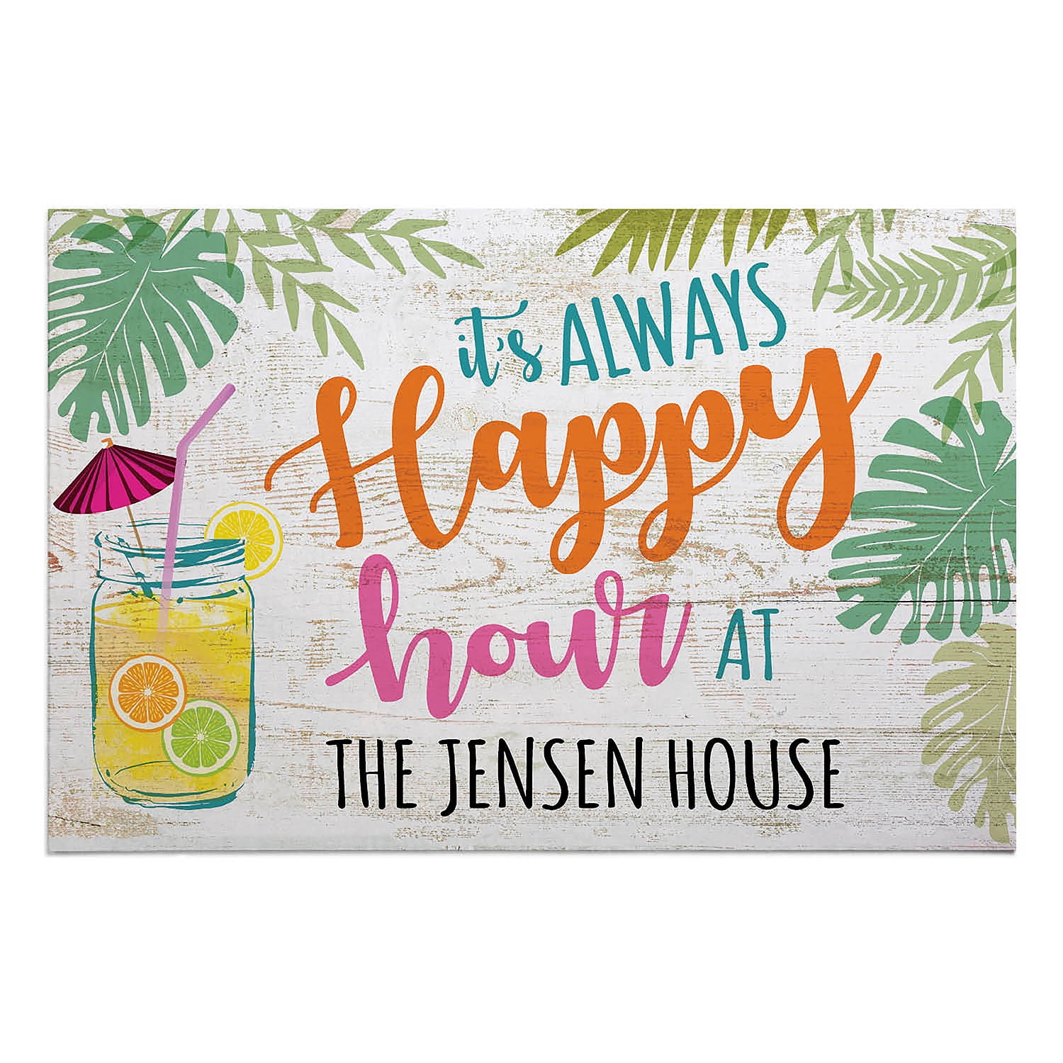 Personalized Planet 27x18 It's Always Happy Hour Doormat with Custom Family Name Printed on Colorful Rectangular 1/8” Thick Non Slip Mat for Kitchen Hallway Deck or Porch