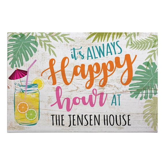 Personalized Planet 27x18 It's Always Happy Hour Doormat with Custom Family Name Printed on Colorful Rectangular 1/8” Thick Non Slip Mat for Kitchen Hallway Deck or Porch