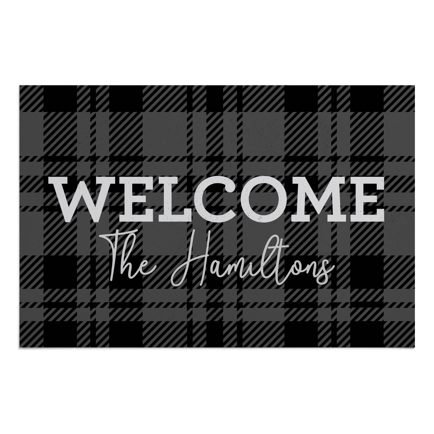 Personalized Planet 27x18 Black and Gray Plaid Welcome Doormat with Custom Family Name Printed on Rectangular 1/4” Thick Non Slip Mat for Kitchen Hallway Deck or Porch