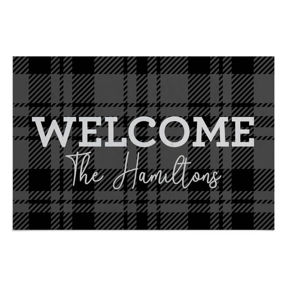 Personalized Planet 27x18 Black and Gray Plaid Welcome Doormat with Custom Family Name Printed on Rectangular 1/8” Thick Non Slip Mat for Kitchen Hallway Deck or Porch