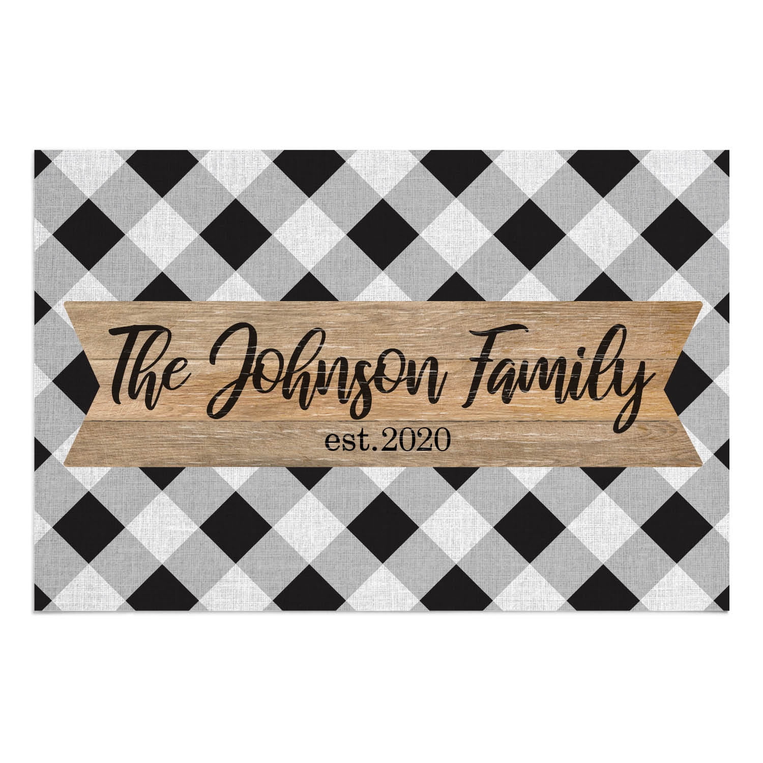 Personalized Planet 27x18 Black and White Gingham Doormat with Custom Personalization Printed on Rectangular 1/4” Thick Non Slip Mat for Kitchen Hallway Deck or Porch