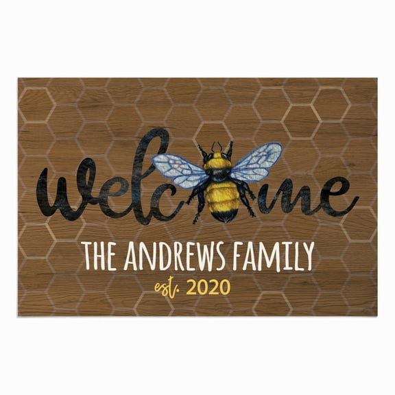 Personalized Planet 27x18 Bumble Bee Honeycomb Welcome Doormat with Custom Personalization Printed on Brown Rectangular 1/4” Thick Non Slip Mat for Kitchen Hallway Deck or Porch