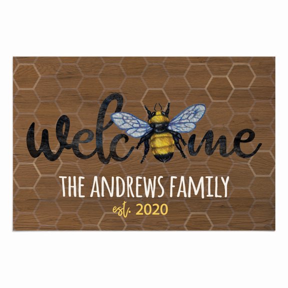 Personalized Planet 27x18 Bumble Bee Honeycomb Welcome Doormat with Custom Personalization Printed on Brown Rectangular 1/8” Thick Non Slip Mat for Kitchen Hallway Deck or Porch