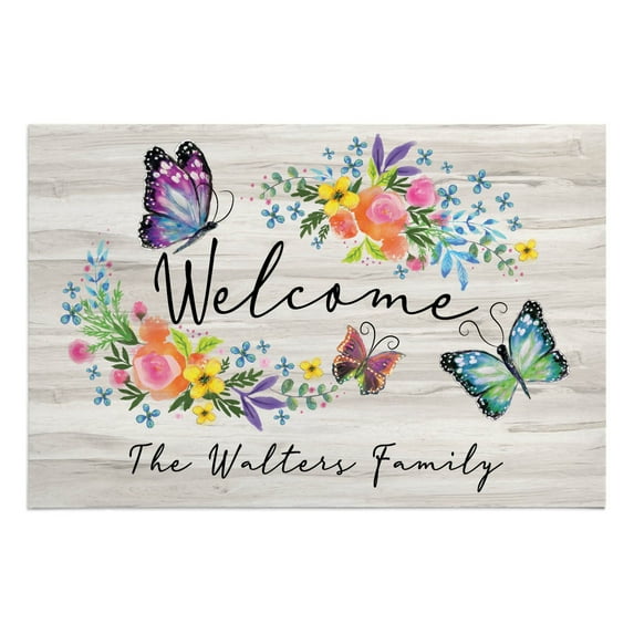 Personalized Planet 27x18 Butterfly Welcome Doormat with Custom Family Name Printed on Tan Rectangular 1/4” Thick Non Slip Mat for Kitchen Hallway Deck or Porch