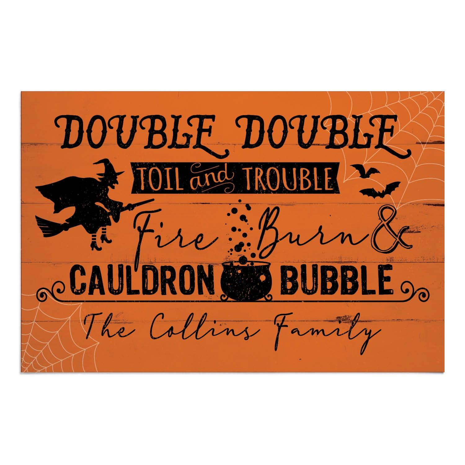Personalized Planet 27x18 Double Double Toil and Trouble Fire Burn & Cauldron Bubble Halloween Doormat with Custom Name Printed on Orange Rectangular 1/4” Thick Non Slip Mat for Deck or Porch