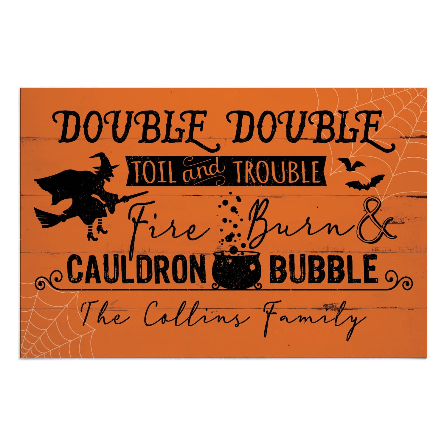 Personalized Planet 27x18 Double Double Toil and Trouble Fire Burn & Cauldron Bubble Halloween Doormat with Custom Name Printed on Orange Rectangular 1/8” Thick Non Slip Mat for Deck or Porch