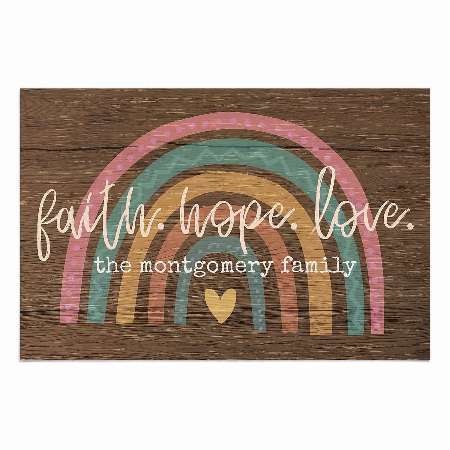Personalized Planet 27x18 Faith Hope Love Boho Rainbow Uplifting Doormat with Custom Family Name Printed on Brown Rectangular 1/4” Thick Non Slip Mat for Kitchen Hallway Deck or Porch