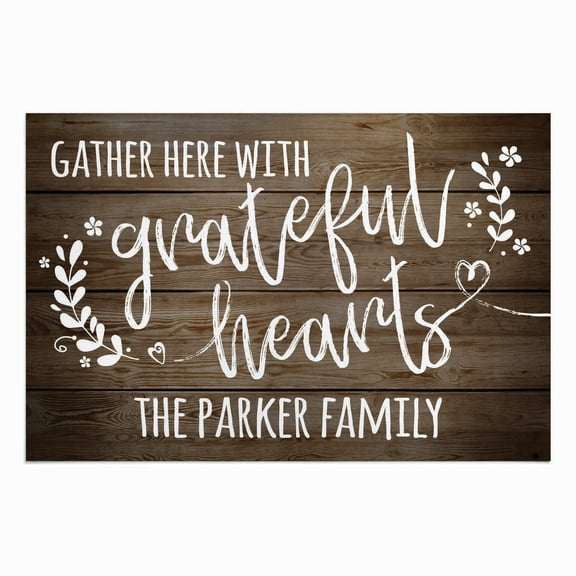 Personalized Planet 27x18 Gather Here With Grateful Hearts Doormat with Custom Family Name Printed on Brown Rectangular 1/4” Thick Non Slip Mat for Kitchen Hallway Deck or Porch