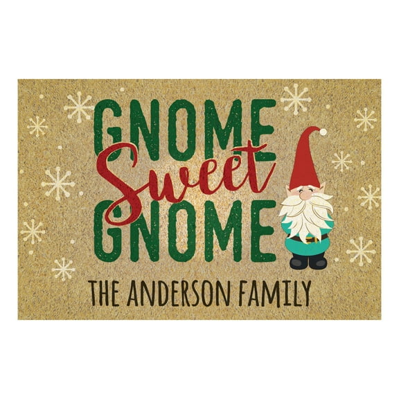 Personalized Planet 27x18 Gnome Sweet Gnome Doormat with Custom Family Name Printed on Brown Rectangular 1/8 Thick Non Slip Mat for Kitchen Hallway Deck or Porch