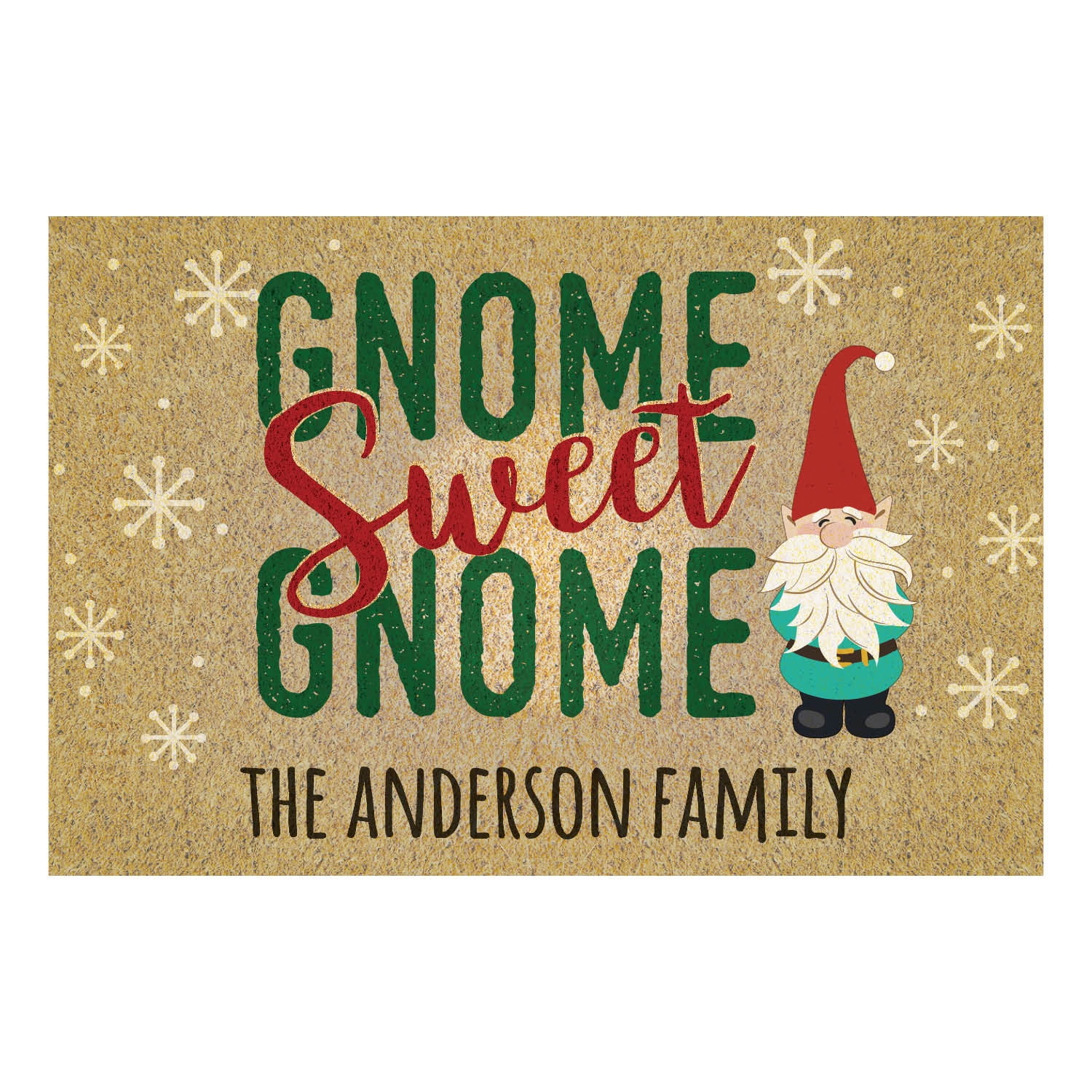 Personalized Planet 27x18 Gnome Sweet Gnome Doormat with Custom Family Name Printed on Brown Rectangular 1/8” Thick Non Slip Mat for Kitchen Hallway Deck or Porch
