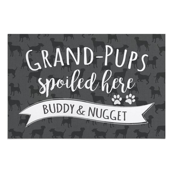 Personalized Planet 27x18 Grand Pups Spoiled Here Doormat with Custom Personalization Printed on Gray Rectangular 1/4” Thick Non Slip Mat for Kitchen Hallway Deck or Porch