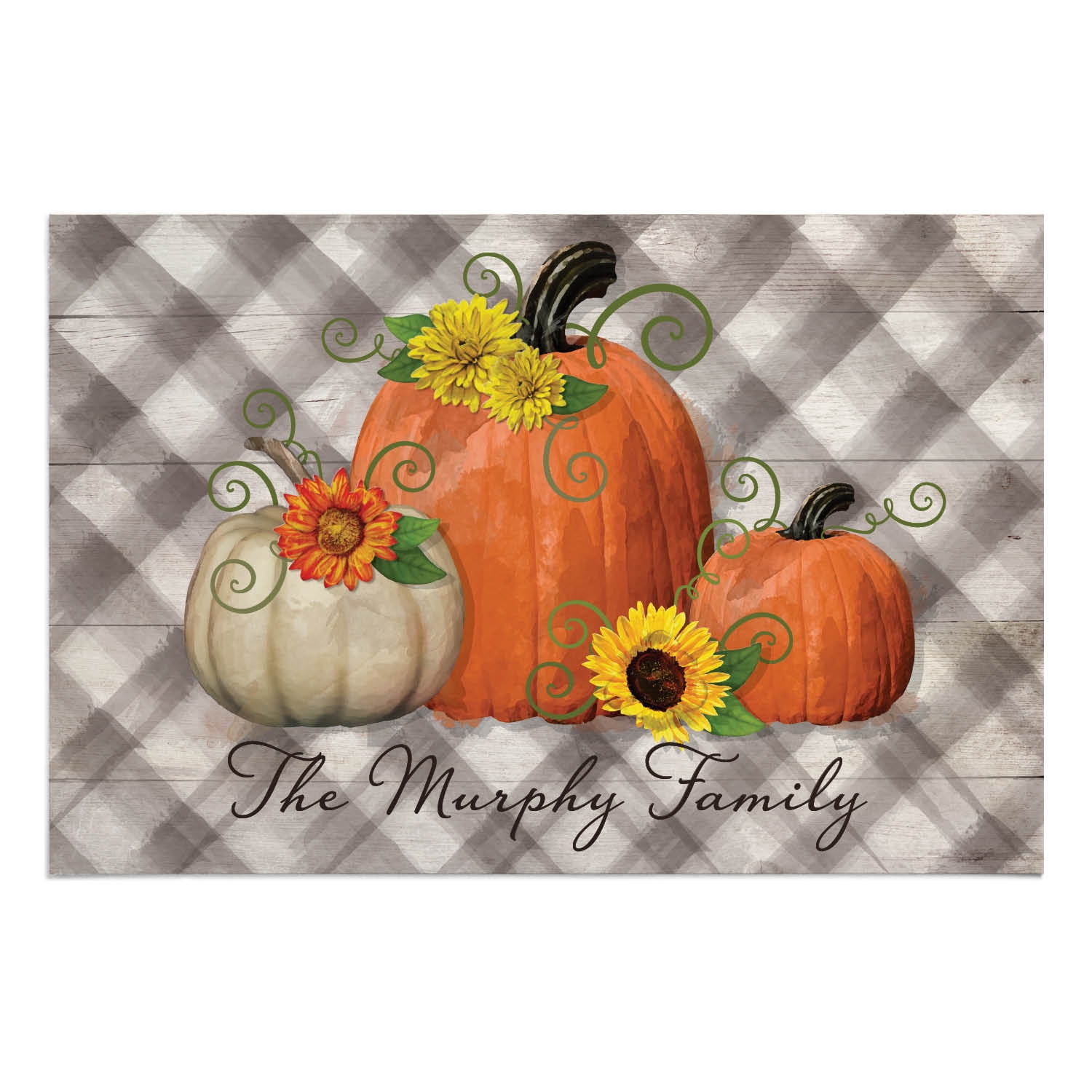 Personalized Planet 27x18 Happy Harvest Pumpkins Doormat with Custom Family Name Printed on Gray Rectangular 1/4” Thick Non Slip Mat for Kitchen Hallway Deck or Porch
