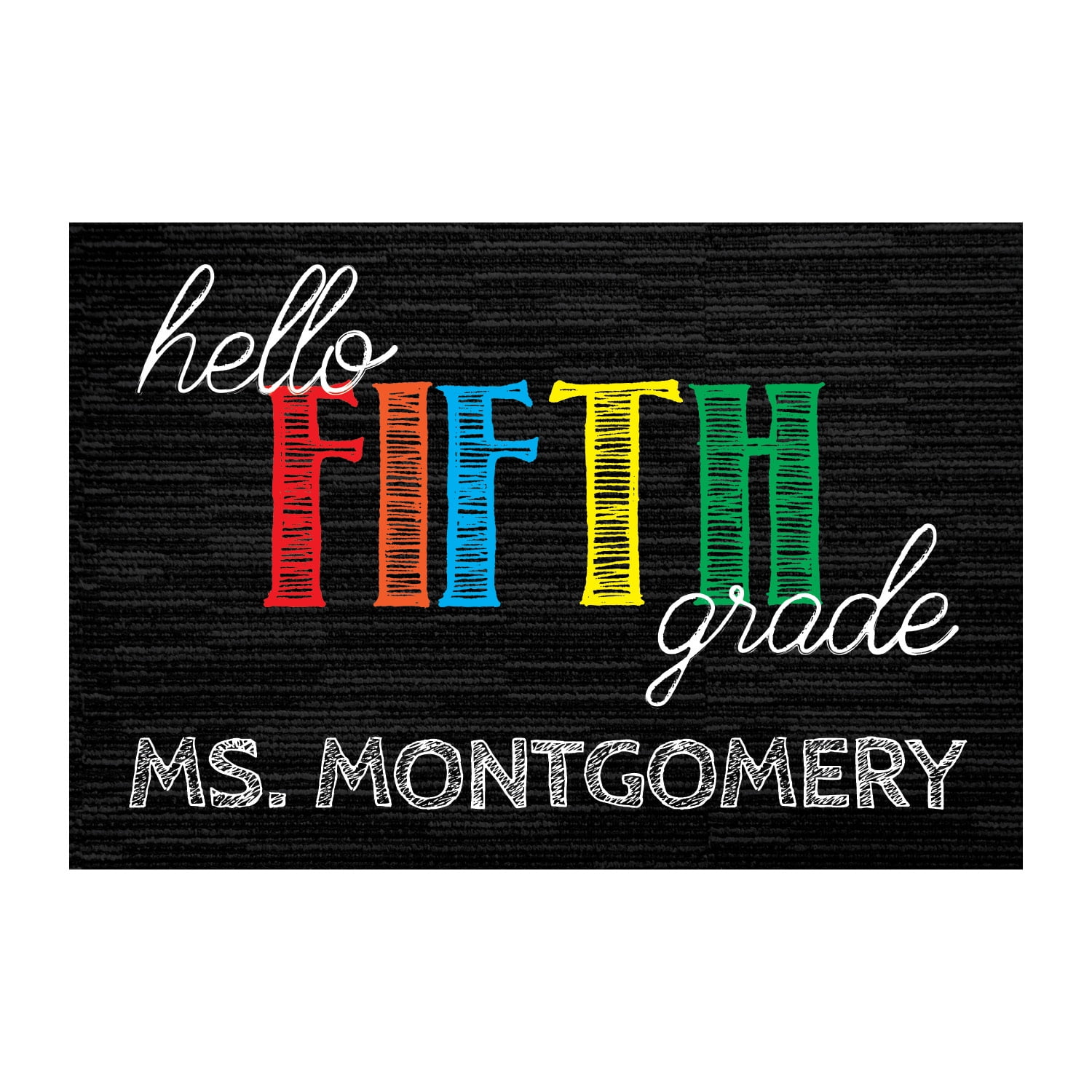 Personalized Planet 27x18 Hello Fifth Grade Doormat with Custom Teacher Name Printed on Black Rectangular 1/8” Thick Non Slip Mat for School Classroom or Home