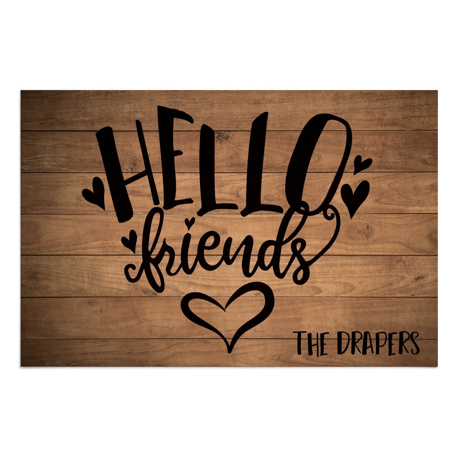 Personalized Planet 27x18 Hello Friends Doormat with Custom Family Name Printed on Brown Rectangular 1/8” Thick Non Slip Mat with Heart Design for Kitchen Hallway Deck or Porch