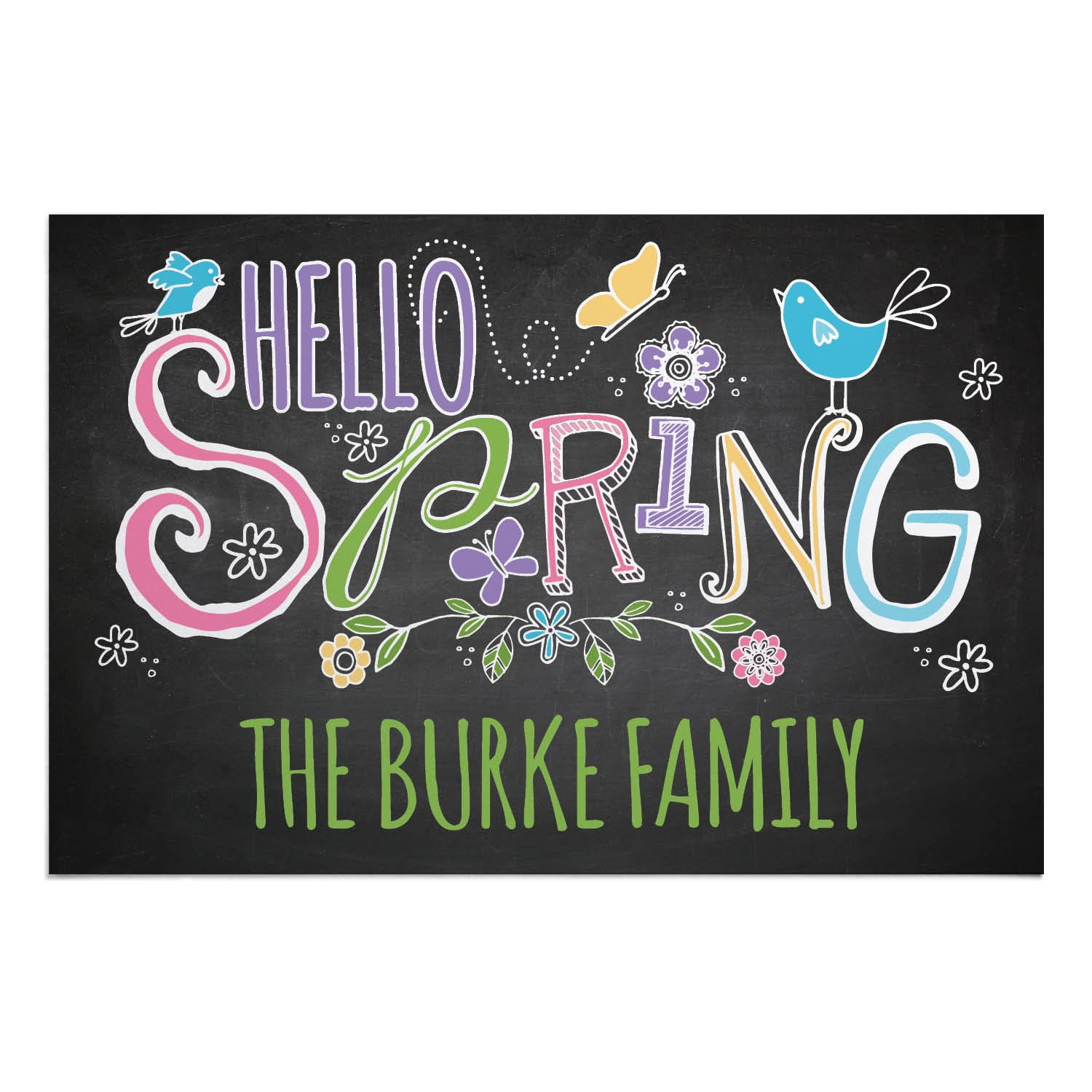 Personalized Planet 27x18 Hello Spring Doormat with Custom Family Name Printed on Black Rectangular 1/4” Thick Non Slip Mat with Bird and Flower Design for Kitchen Hallway Deck or Porch
